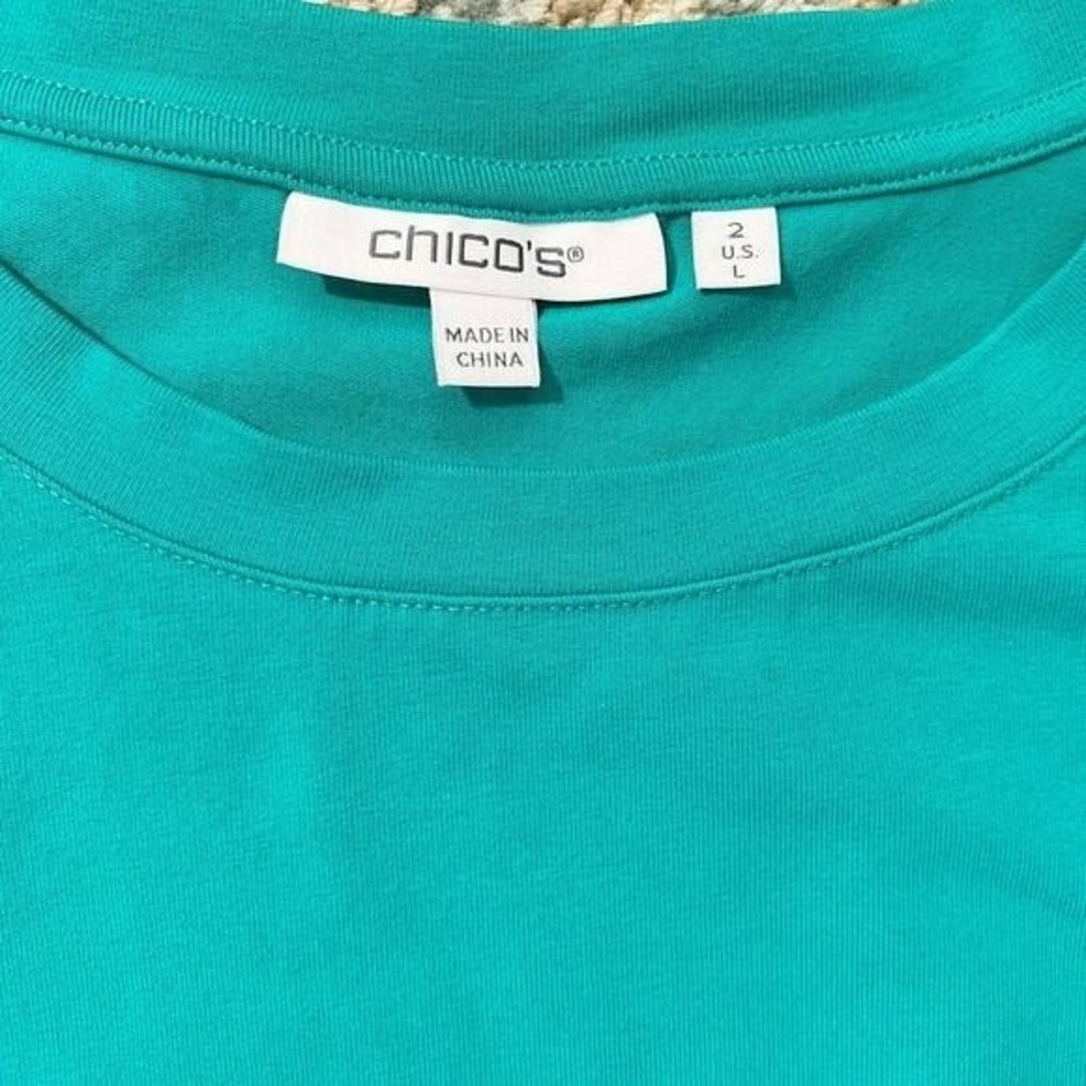 Chico's Eyelet Flutter Cap Sleeve Tee Tropical Jade Teal Lace Stretch - L - Picture 11 of 12